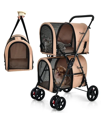 Sugift 4-in-1 Double Pet Stroller with Detachable Carrier and Travel Carriage-Beige