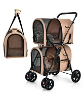Sugift 4-in-1 Double Pet Stroller with Detachable Carrier and Travel Carriage-Beige