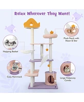 Slickblue 66" Cute Cat Tree Cats Multi-level Tall Cat Tower w/ Sisal Covered Scratching Posts-Purple