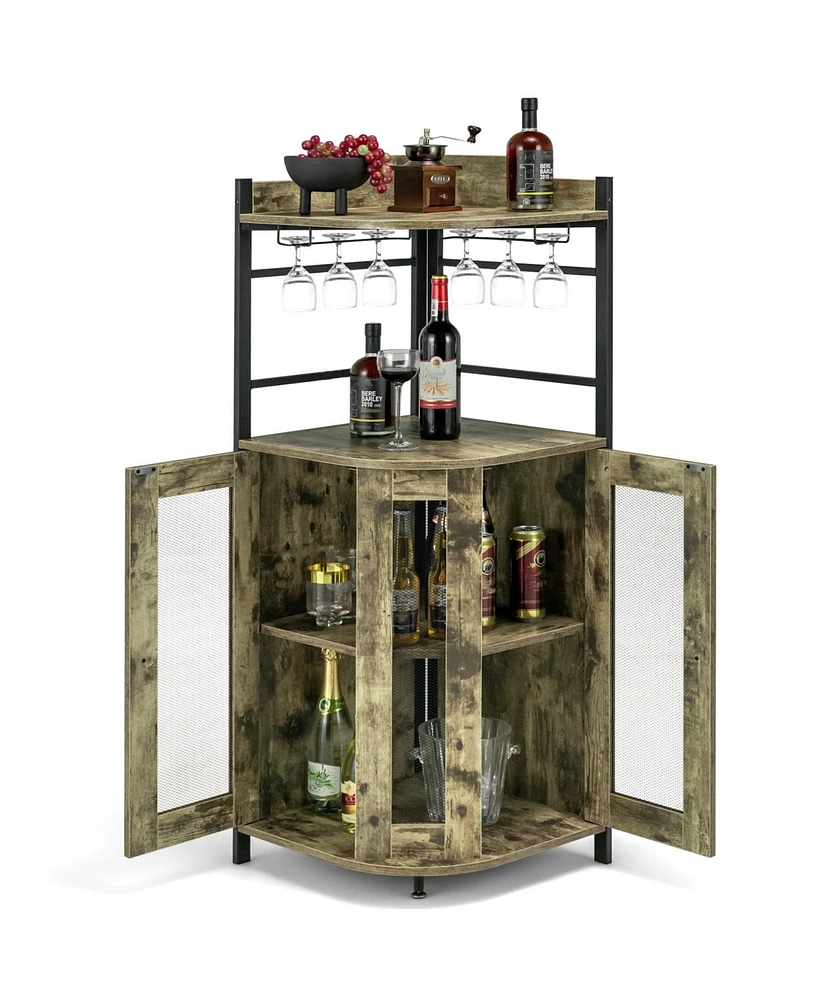 Sugift Industrial Corner Bar Cabinet with Glass Holder and Adjustable Shelf