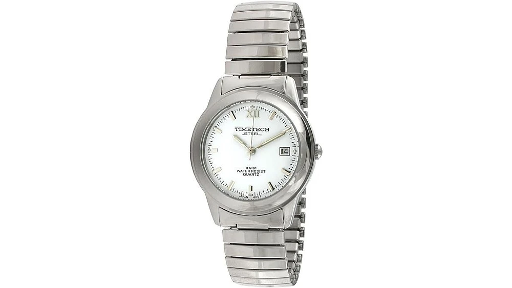 Timetech Men's Round Stainless Steel White Dial Expansion Watch