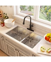 Mondawe Undermount 33-in x 19-in Brushed Stainless Steel Double Bowl Kitchen Sink