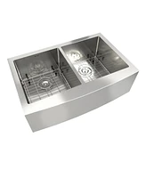 Mondawe Farmhouse Apron Front 33-in x 22-in Brushed Stainless Steel Double Bowl Kitchen Sink with Accessories