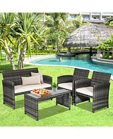 Sugift 4 Pieces Patio Rattan Furniture Set with Glass Table and Loveseat