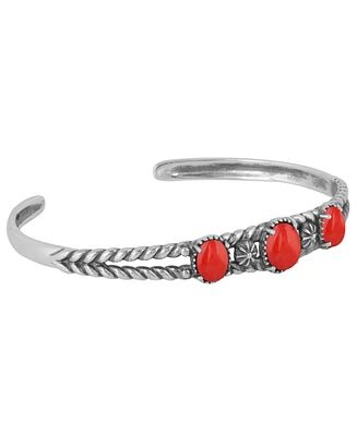 American West Jewelry Sterling Silver Genuine Coral 3 Stone Cuff Bracelet Small - Large