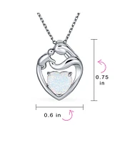 Bling Jewelry Family Parent New Mother Synthetic White Opal Heart Shaped Mom Loving Son Child Daughter Necklace Pendant For Women Sterling Silver