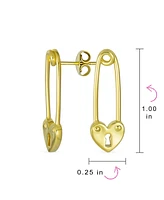 Bling Jewelry Inspirational Symbol Paper Clip Love Lock Drop Sweet Heart Safety Pin Earrings Stud For Women Gold Plated Sterling Silver