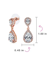 Bridal Pave Halo Dangle Teardrop Cubic Zirconia Aaa Cz Drop Earrings For Wedding Women Prom Teen Rose Gold Plated Brass