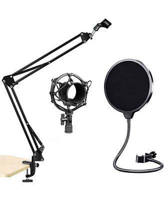 5 Core Microphone Stand Adjustable Suspension Boom Scissor Arm Mic Stand with 3/8/''to 5/8/'' Screw Adapter w Pop Filter Shock Mount