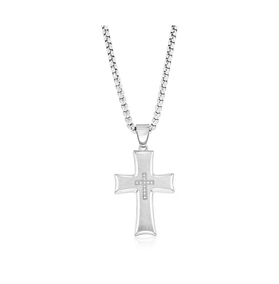 Metallo Stainless Steel Brushed and Polished Cz Cross Necklace