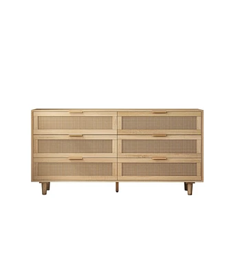 59.06"6-Drawers Rattan Storage Cabinet Rattan Drawer, For Bedroom, Living Room, Natural