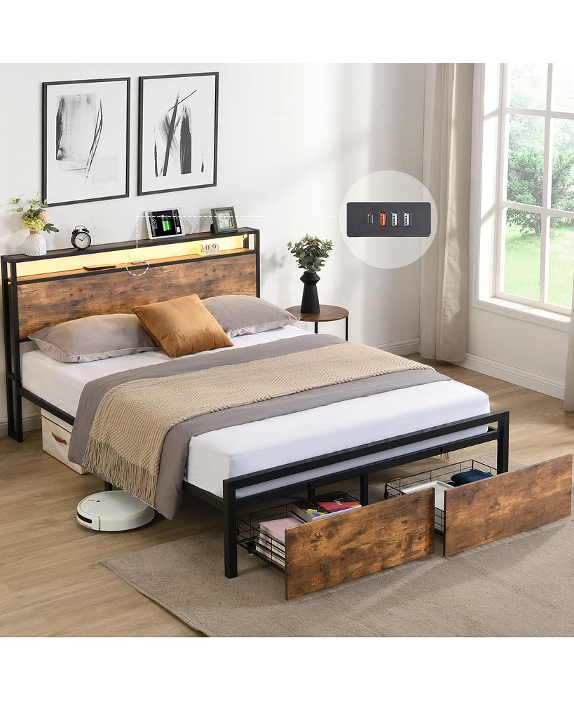 Simplie Fun Queen Size Storage Bed with Led Lights & Charging Station