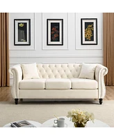 Simplie Fun Beige Velvet Chesterfield Sofa with Tufted Couch and Nailhead Trim