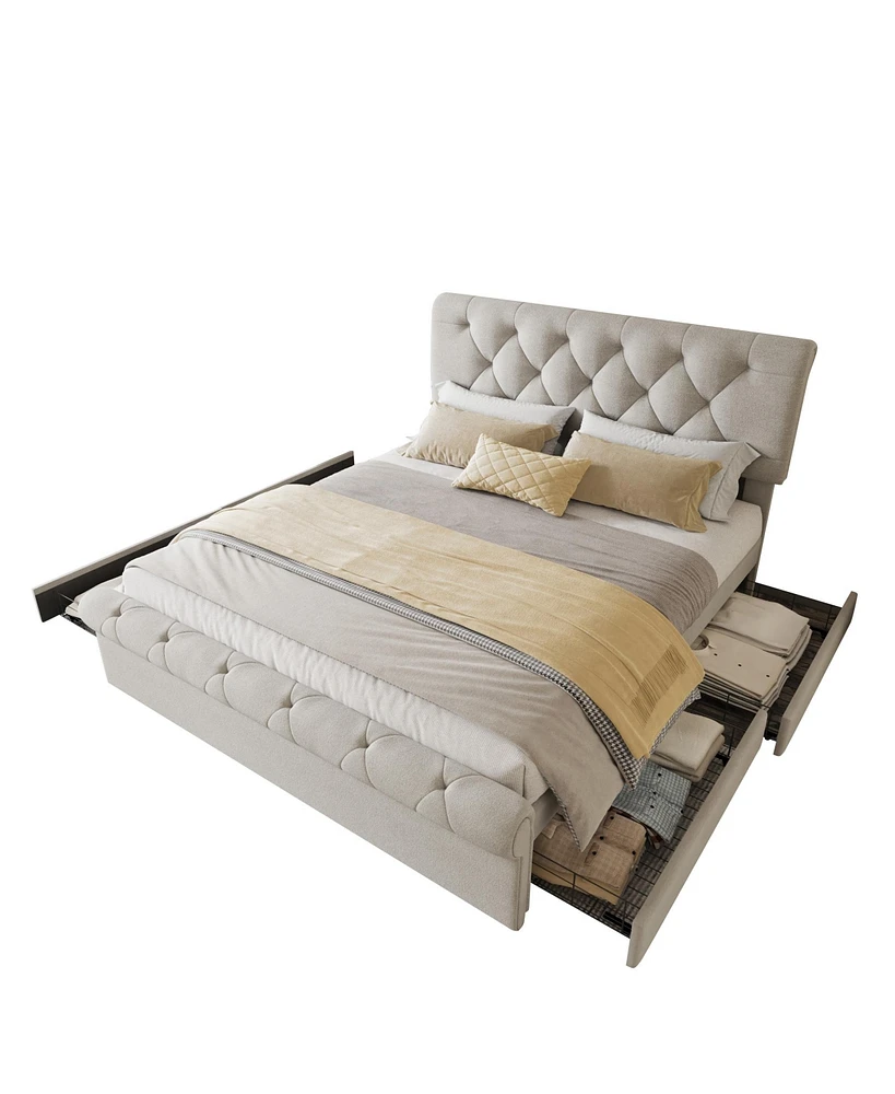 Streamdale Furniture Queen Upholstered Platform Bed with Drawers, Antique Headboard, Linen, Beige