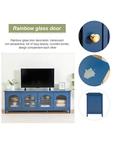 71" Stylish Tv Cabinet in Antique Blue, Solid Wood Frame, Glass Door & Metal Handle