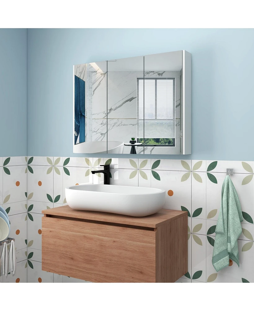 Slickblue Frameless Bathroom Wall Mounted Mirror Cabinet with 3 Doors and Adjustable Shelves