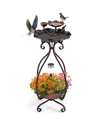 Slickblue Solar Outdoor Bird Bath Feeder Combo with Flower Planter Pedestal and Solar Lights