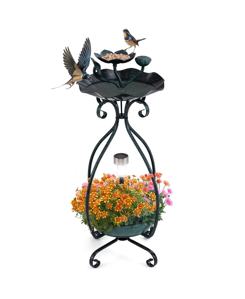 Slickblue Solar Outdoor Bird Bath Feeder Combo with Flower Planter Pedestal and Lights