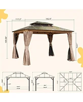 Mondawe 10x12ft Hardtop Gazebo, Permanent Outdoor Gazebo with Polycarbonate Double Roof, Aluminum Gazebo Pavilion with Curtain and Net for Garden, Pat