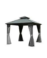 Mondawe Outdoor 10 x 10 ft Hardtop Gazebo Aluminum Frame Permanent Galvanized Steel Double Roof Canopy with Curtain and Netting Parties, Wedding, Outd