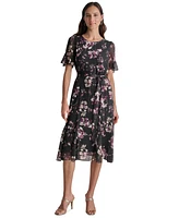 Dkny Women's Floral Flutter-Sleeve Belted Dress