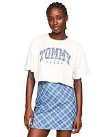 Tommy Jeans Women's Cotton Oversized Cropped Tartan Graphic T-Shirt