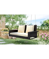 2-Person Wicker Hanging Porch Swing With Chains, Cushion, Pillow, Rattan Swing Bench