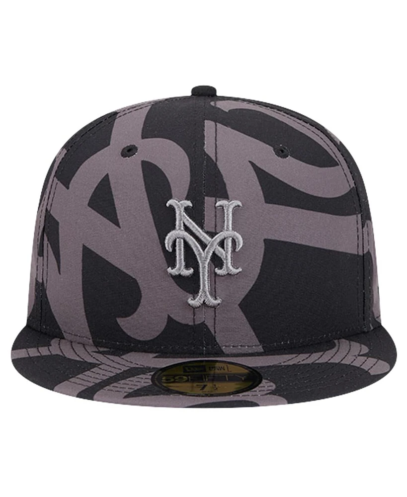 New Era Men's Black York Mets Logo Fracture 59FIFTY Fitted Hat