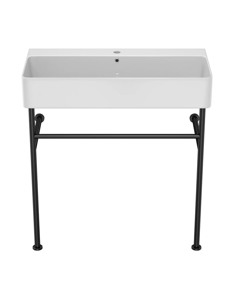 Simplie Fun 32" Bathroom Console Sink With Overflow, Ceramic Console Sink White Basin Black Legs