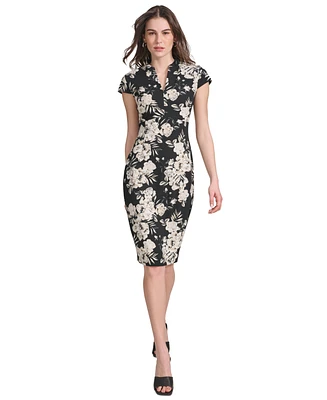 Calvin Klein Petite Floral Split-Neck Cap-Sleeve Dress