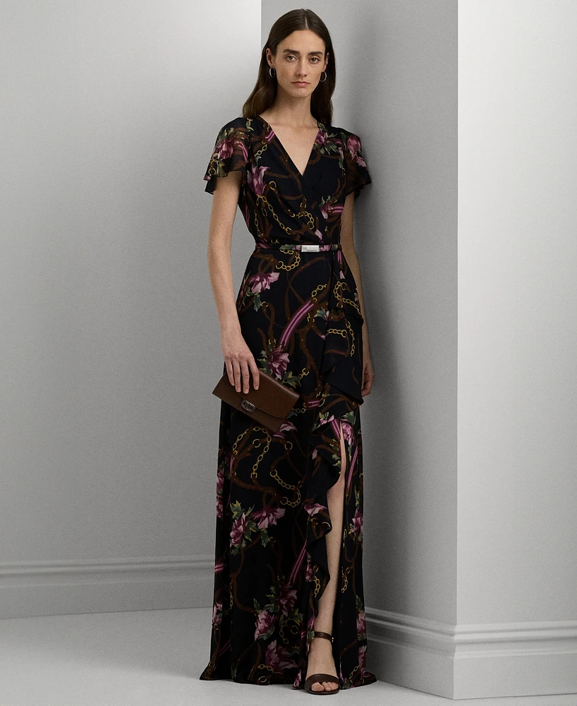 Lauren Ralph Women's Belted Floral Flutter-Sleeve Gown