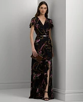 Lauren Ralph Women's Belted Floral Flutter-Sleeve Gown