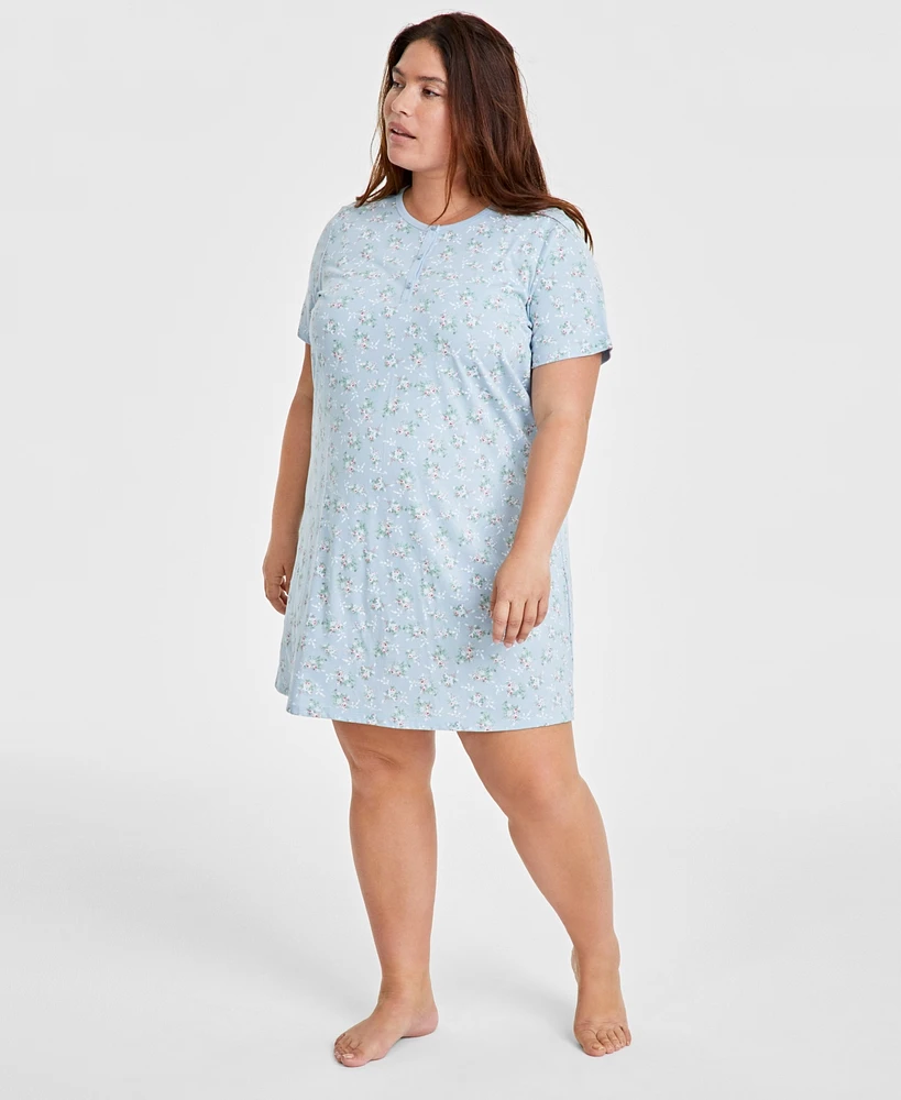 Charter Club Plus Cotton Ditsy Floral Henley Sleepshirt, Created for Macy's