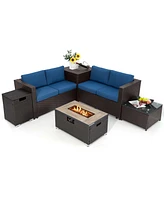 6PCS Patio Rattan Furniture Set 32'' Fire Pit Table Tank Holder with Cover