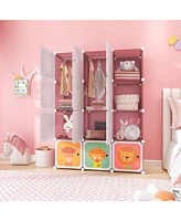 Costway 12-Cube Kids Wardrobe Baby Dresser Bedroom Armoire Clothes Hanging Closet with Door