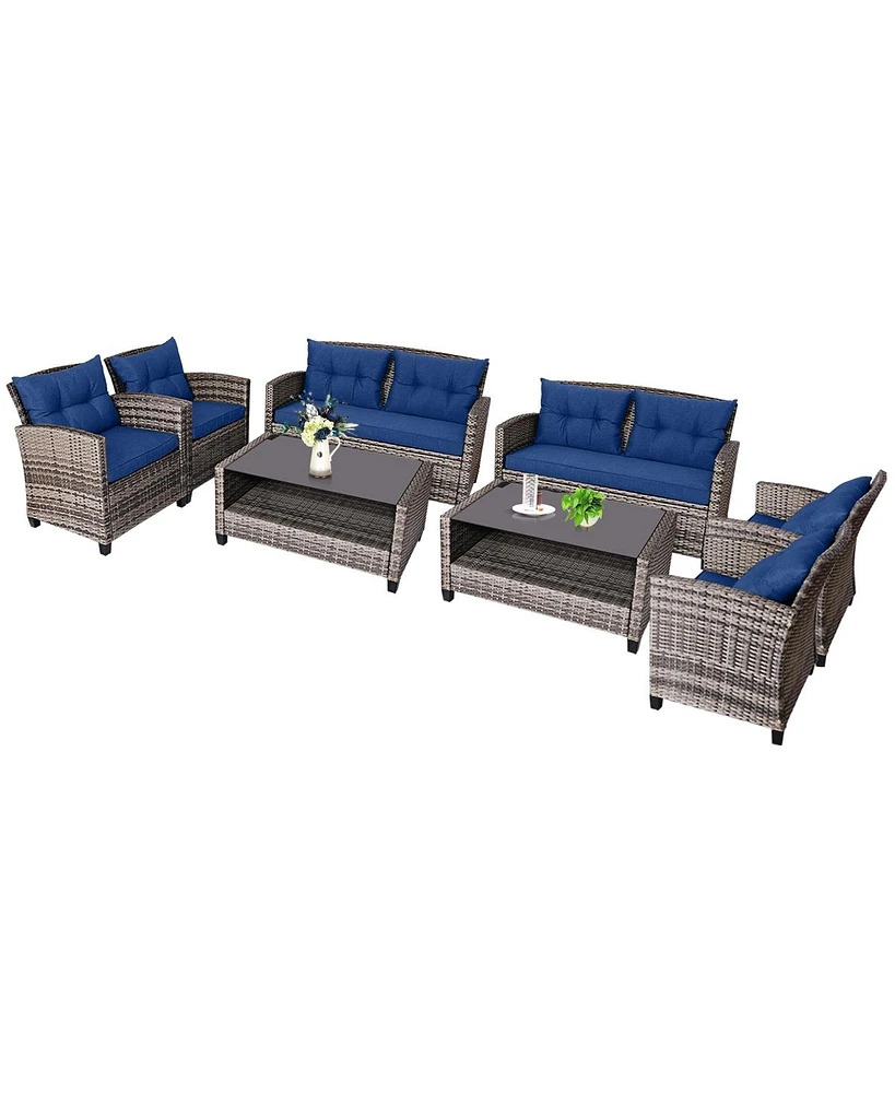 Costway 8 Pcs Patio Rattan Furniture Set Coffee Table Cushioned Sofa Garden Lawn Navy