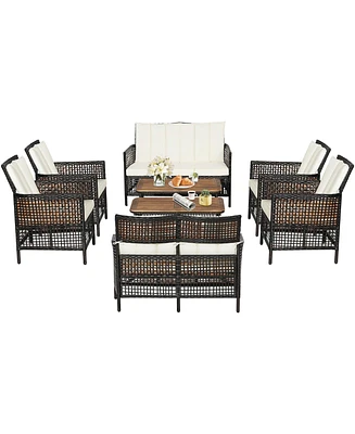 Costway 8PCS Patio Rattan Furniture Set Cushioned Chairs Wood Table Top W/Shelf