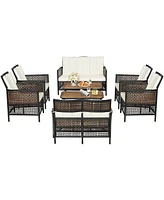 Costway 8PCS Patio Rattan Furniture Set Cushioned Chairs Wood Table Top W/Shelf