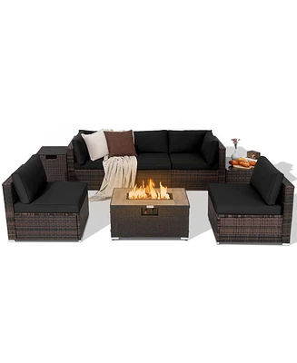 Costway 8PCS Patio Rattan Furniture Set Fire Pit Table Tank Holder Cover Deck