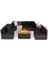 Costway 8PCS Patio Rattan Furniture Set Fire Pit Table Tank Holder Cover Deck