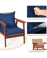 8PCS Patio Rattan Furniture Set Acacia Wood Frame Cushioned Sofa Chair Red