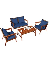 Costway 8PCS Patio Rattan Furniture Set Acacia Wood Frame Cushioned Sofa Chair Red