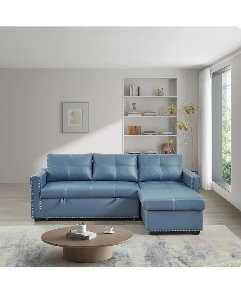 Simplie Fun 88" Convertible Pull Out Sofa Bed With Storage Chaise Sofa Bed Microfiber Fabric Upholstery Blue