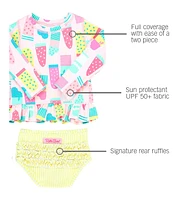 RuffleButts Toddler Girls Long Sleeve Ruffle Hem Rash Guard Bikini