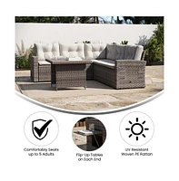 Merrick Lane Shelton Indoor/Outdoor L-Shaped Sofa/Dining Table Conversation Set With Wicker Rattan Construction And Weather-Resistant Cushions