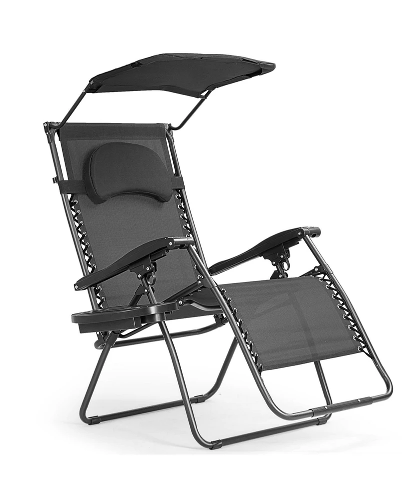 Slickblue Folding Recliner Lounge Chair with Shade Canopy Cup Holder