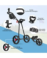 Slickblue 3 Wheel Durable Foldable Steel Golf Cart with Mesh Bag