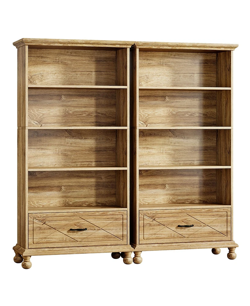 Tribesigns 6-Shelf Bookcase Set of 2, 71 Inch Tall Floor Standing Bookshelf with Drawer and Solid Wood Legs, 6-Tier Large Open Display Storage Book Sh