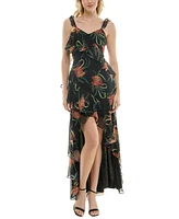 Taylor Women's Floral Print Ruffled High-Low Chiffon Gown