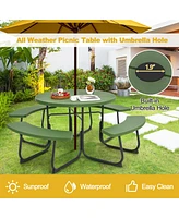 Outdoor 8-person Round Picnic Table Bench Set with 4 Benches & Umbrella Hole